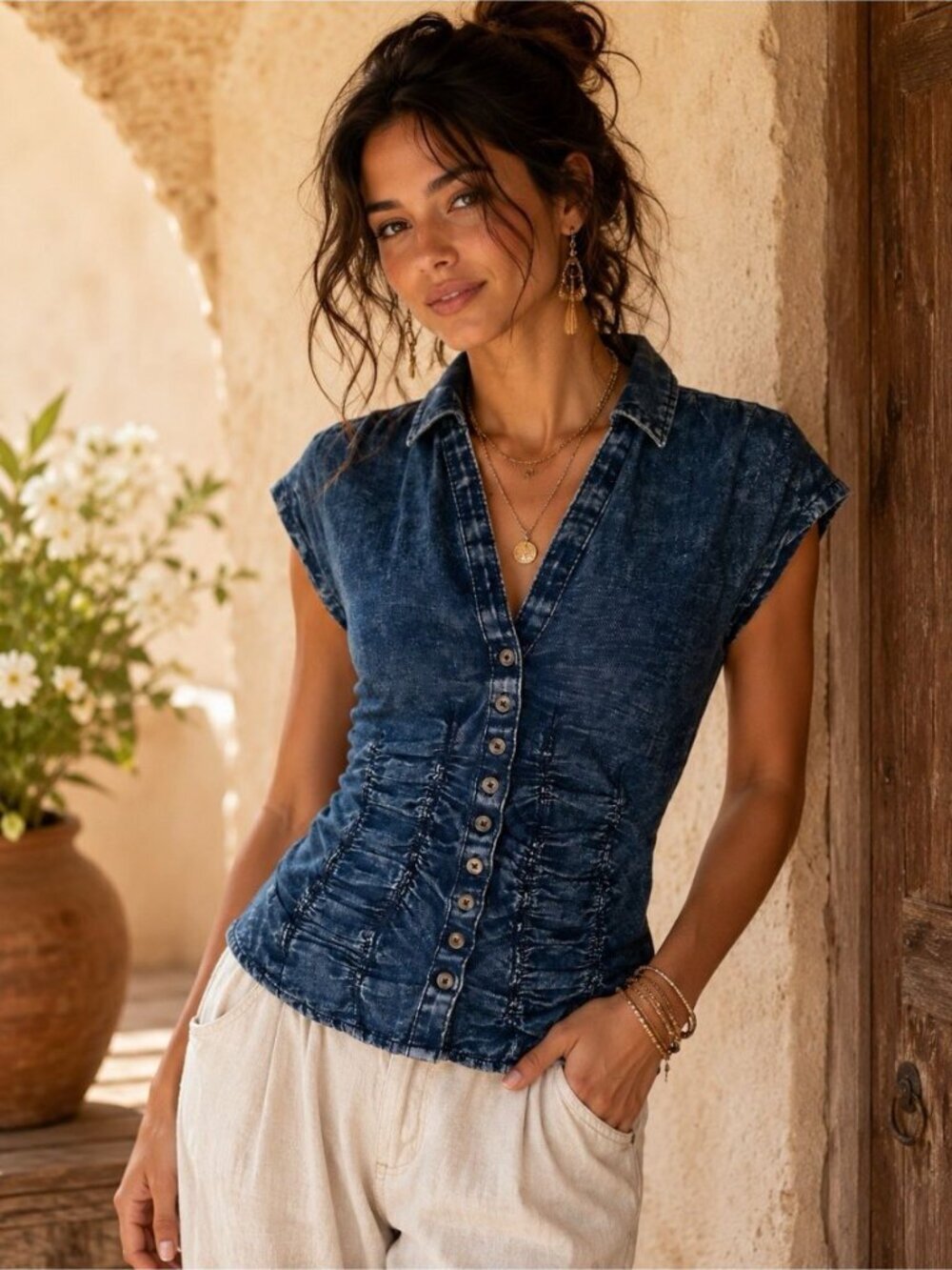 NWT Pilcro Anthropolgie Artsy Denim Shirt Ruched Top XXS Coastal Cowgirl $98